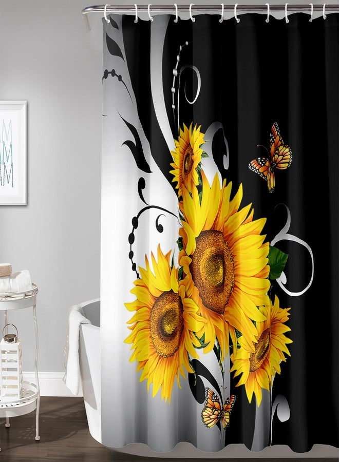 AILONEN Black and White Floral Shower Curtain, Yellow Sunflower Bath Curtain,Flower Butterfly Shower Curtain Decor,Minimalist Waterproof,Girls Women Bathroom Curtain, 72" W x 84" H - Image 3